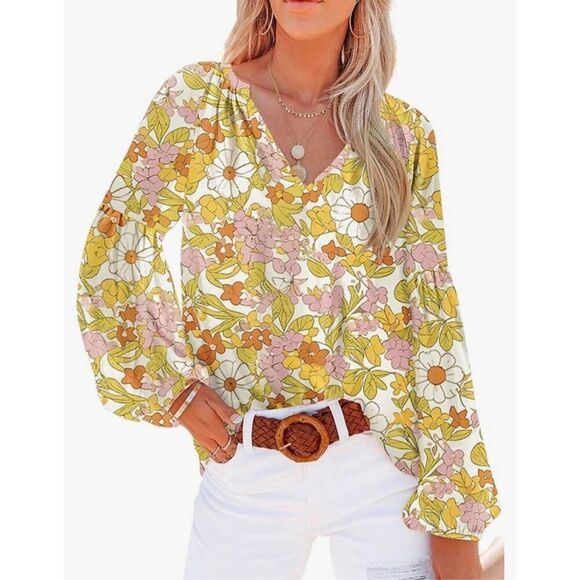 Floral Blouse Top Boho Pullover V neck Long Sleeve Size M - Picture 1 of 5